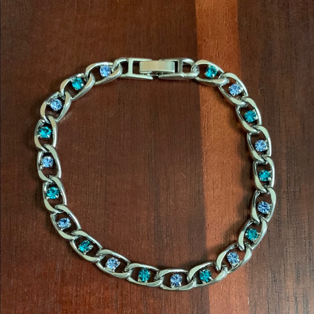 Silver tone purple and aqua rhinestone bracelet